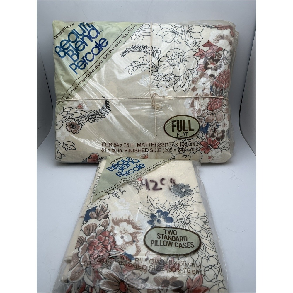 New‎ Vintage TASTEMAKER Percale Full Fitted 54x75 Victorian Bouquetw/Pillowcases